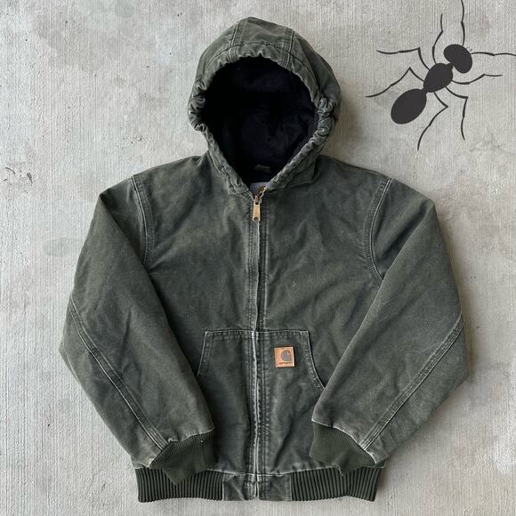 Vintage Y2K Carhartt YOUTH YJ130 MOS green hooded work wear jacket - Picture 1 of 6